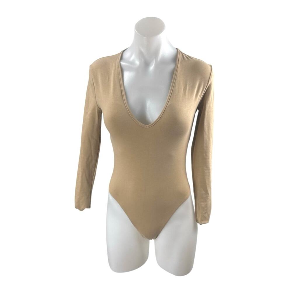 Zara Women's Tan Brown Deep V Neck Long Sleeve Slim Tee T-Shirt Bodysuit Top S